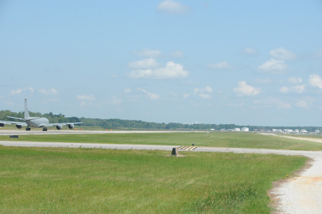 U. S. Air Force KC-135R Stratotanker aircraft of the 186th Air Refueling Wing take off from the runway on Key Field Air National Guard Base, Meridian, Miss., Sep. 6, 2014. The aircraft performed a training mission to provide air refueling support to the 172nd Air Lift Wing, Jackson, Miss., at the conclusion of the celebration of the 75th anniversary of Key Field Air National Guard Base. (U. S. Air National Guard Photo by Tech. Sgt. Richard L. Smith/Released)