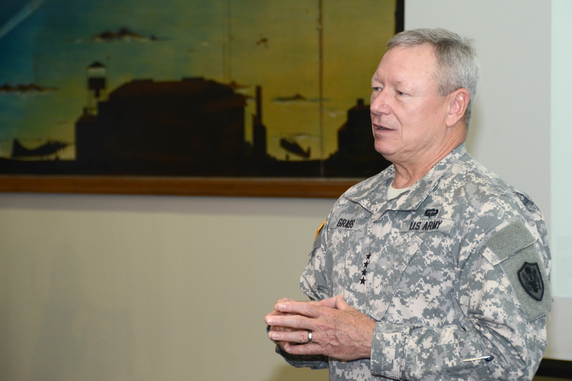 Chief of the National Guard Bureau, General Frank J. Grass conducts a town hall meeting, emphasizing the importance of being in the Guard for Airmen at Bradley Air National Guard Base, East Granby, Conn, Sept. 9, 2014. This was the first time a Chief of the National Guard Bureau visited the Flying Yankees. (U.S. Air National Guard photo by Senior Airman Emmanuel Santiago)