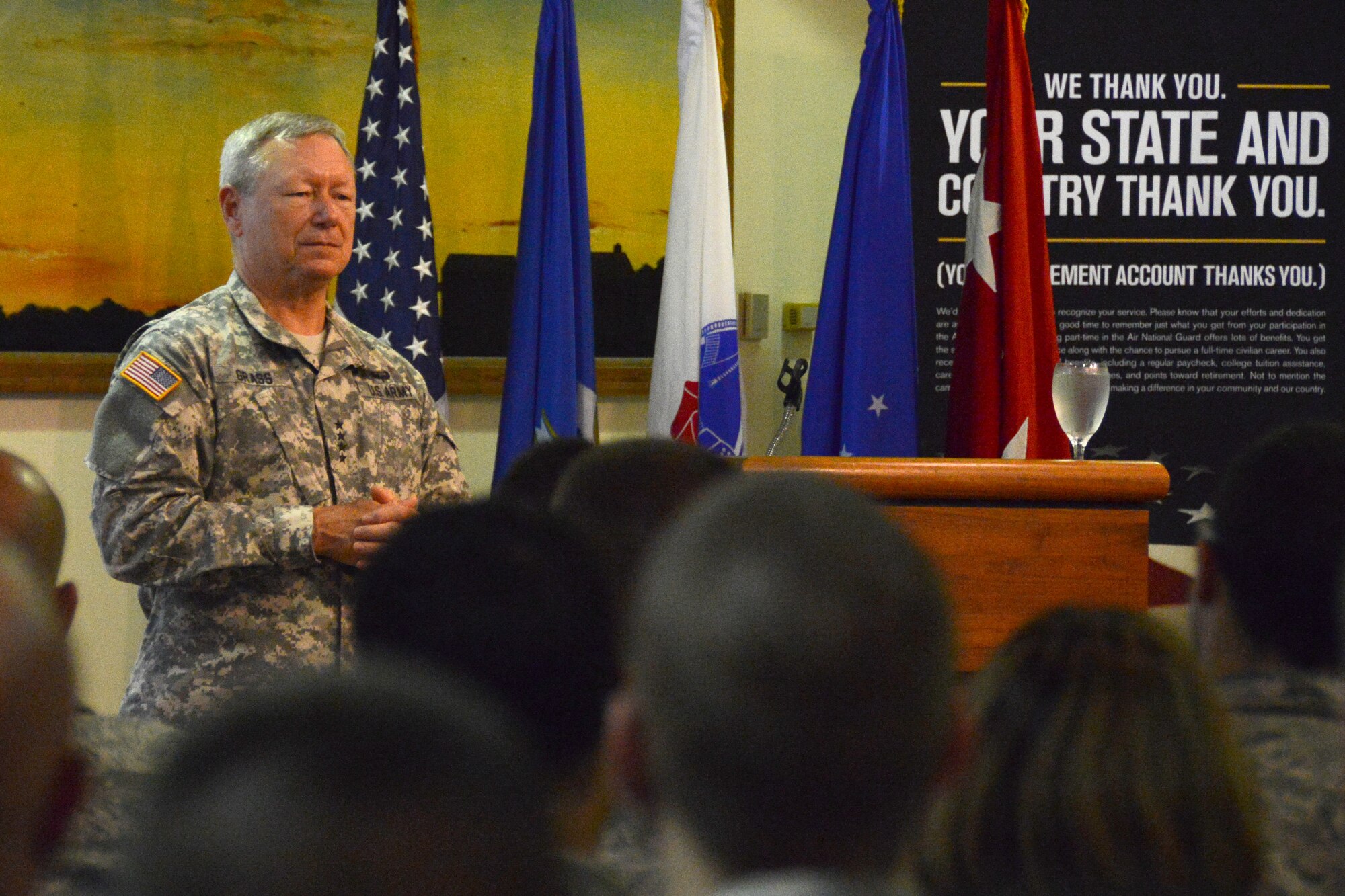 Chief of the National Guard Bureau General Frank J. Grass conducts a town hall meeting, emphasizing the importance of being in the Guard for Airmen at Bradley Air National Guard Base, East Granby, Conn, Sept. 9, 2014. This was the first time a Chief of the National Guard Bureau visited the Flying Yankees. (U.S. Air National Guard photo by Master Sgt Erin McNamara)