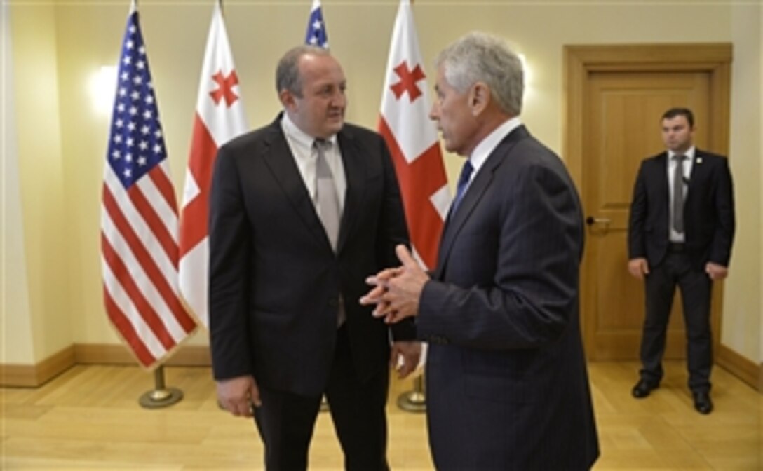 U.S. Defense Secretary Chuck Hagel finishes a meeting with Georgia President Giorgi Margvelashvili at the presidential palace in Tbilisi, Georgia, Sept., 7, 2014. Hagel and Margvelashvili discussed the enduring relationship between the two countries and safeguarding against regional instabilities.