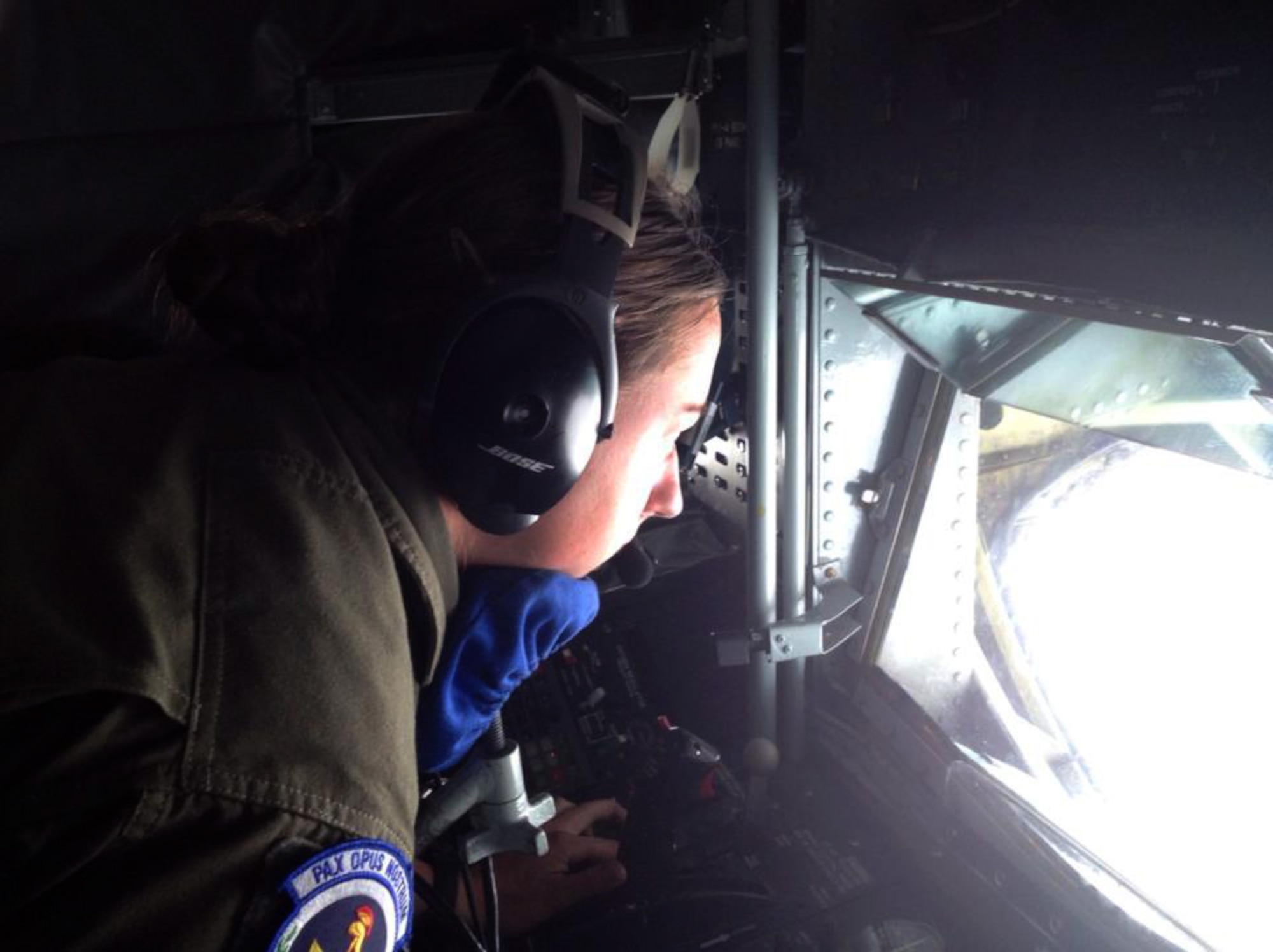 Senior Airman Danielle Repp performs aerial refueling in a KC-135 Stratotanker. Repp, assigned with the 351st Air Refueling Squadron, Spokane, Washington, followed the same career path as her father and became a boom operator in 2012. (Photo courtesy of Daniel Repp)