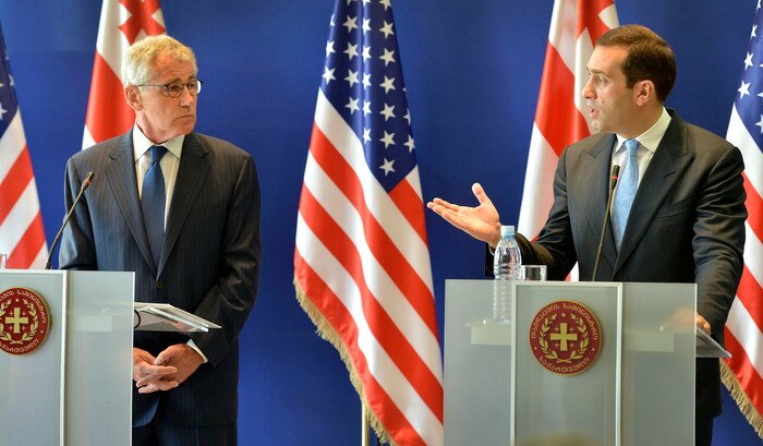 Secretary of Defense Chuck Hagel and Georgian Minister of Defense Irakli Alasania hold a joint press conference at the Georgian Ministry of Defense in Tbilisi, Georgia, Sept. 7, 2014. Hagel and Irakli gave remarks emphasizing the importance of the relationship of their two nations and answered questions from an international pool of reporters. DoD Photo by Glenn Fawcett  