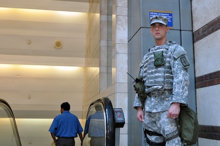 Staff Sgt. Michael Wilson of the New York National Guard patrols at Penn Station in Manhattan, N.Y., on Aug. 25, 2009. Wilson is serving with Joint Task Force Empire Shield, which has been continuously providing military support to civilian authorities since the terrorist attacks of Sept. 11, 2001.