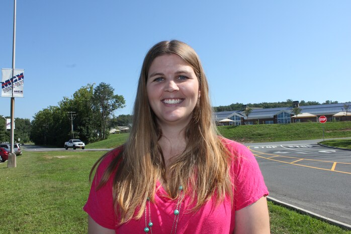 Stephanie West, a Marine spouse who is the recipient of the Park University Military Family Scholarship, stands outside the Marine Corps Exchange at Marine Corps Base Quantico on Aug. 27. 