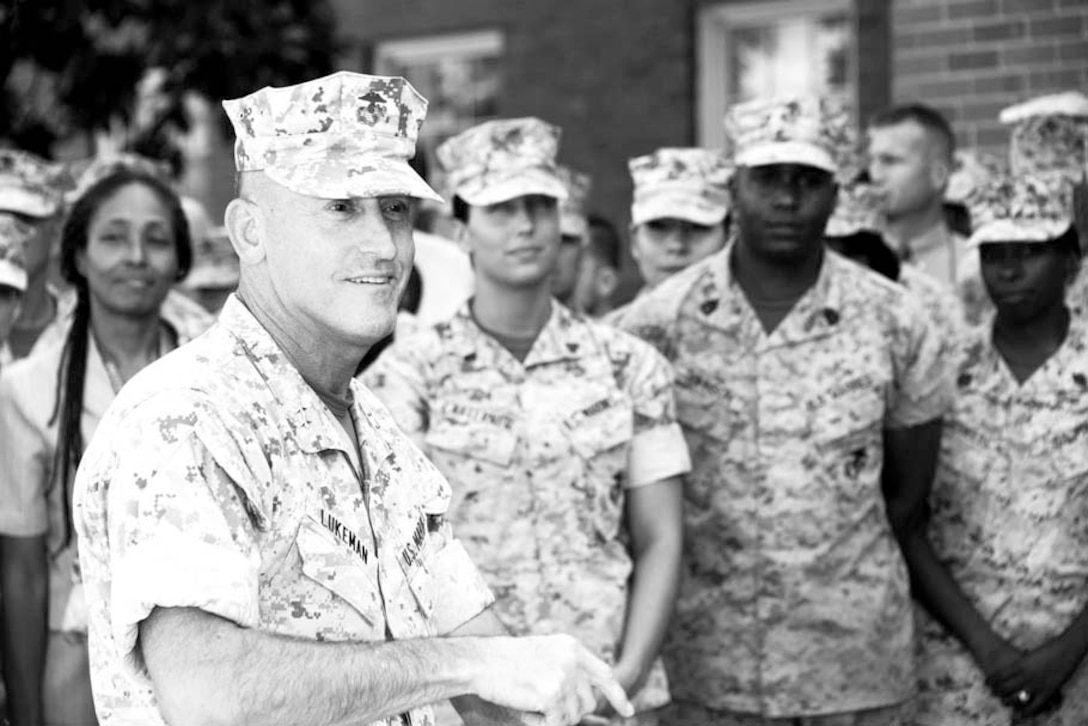 – Maj. Gen. James W. Lukeman, Training and Education Command commanding general, introduces himself and his leadership style to the Marines, sailors and civilians of his newest command on Aug. 26 in front of Daly Hall on Marine Corps Base Quantico. Lukeman accepted command of TECOM on Aug. 14. (U.S. Marine Corps photo by Sgt. Rebekka S. Heite)