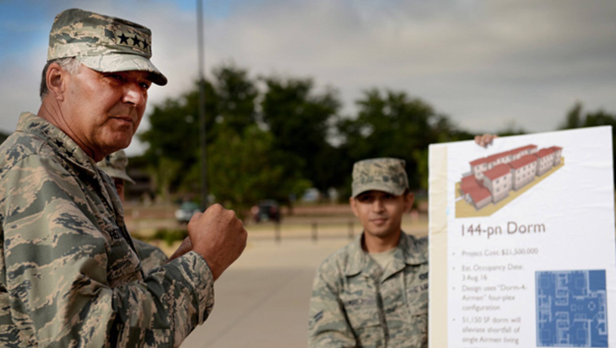 U.S. Air Force Lt. Gen. Brad Heithold, Air Force Special Operations Command commander, gives a gesture of approval after receiving a briefing on a new dormitory construction project Sept. 4, 2014 at Cannon Air Force base, N.M. Heithold’s approval of new Cannon military construction projects aligns with his second priority, “to provide an environment for Airmen and families to thrive.” (U.S. Air Force photo/ Staff Sgt. Matthew Plew) 
