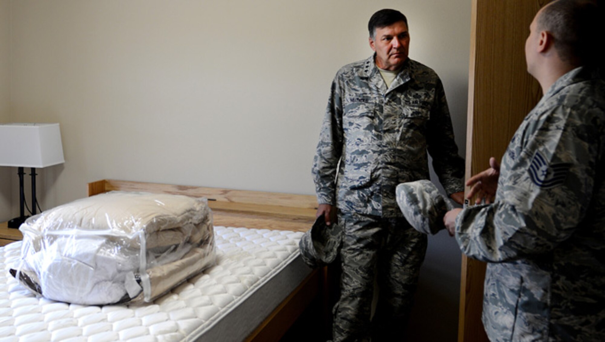 U.S. Air Force Lt. Gen. Brad Heithold, Air Force Special Operations Command commander, inspects Airmen dormitory facilities during a tour Sept. 4, 2014 at Cannon Air Force base, N.M. Heithold received a firsthand look at some of the highly frequented facilities to include dormitories, base exchange, medical clinic and the fitness center. (U.S. Air Force photo/ Staff Sgt. Matthew Plew)