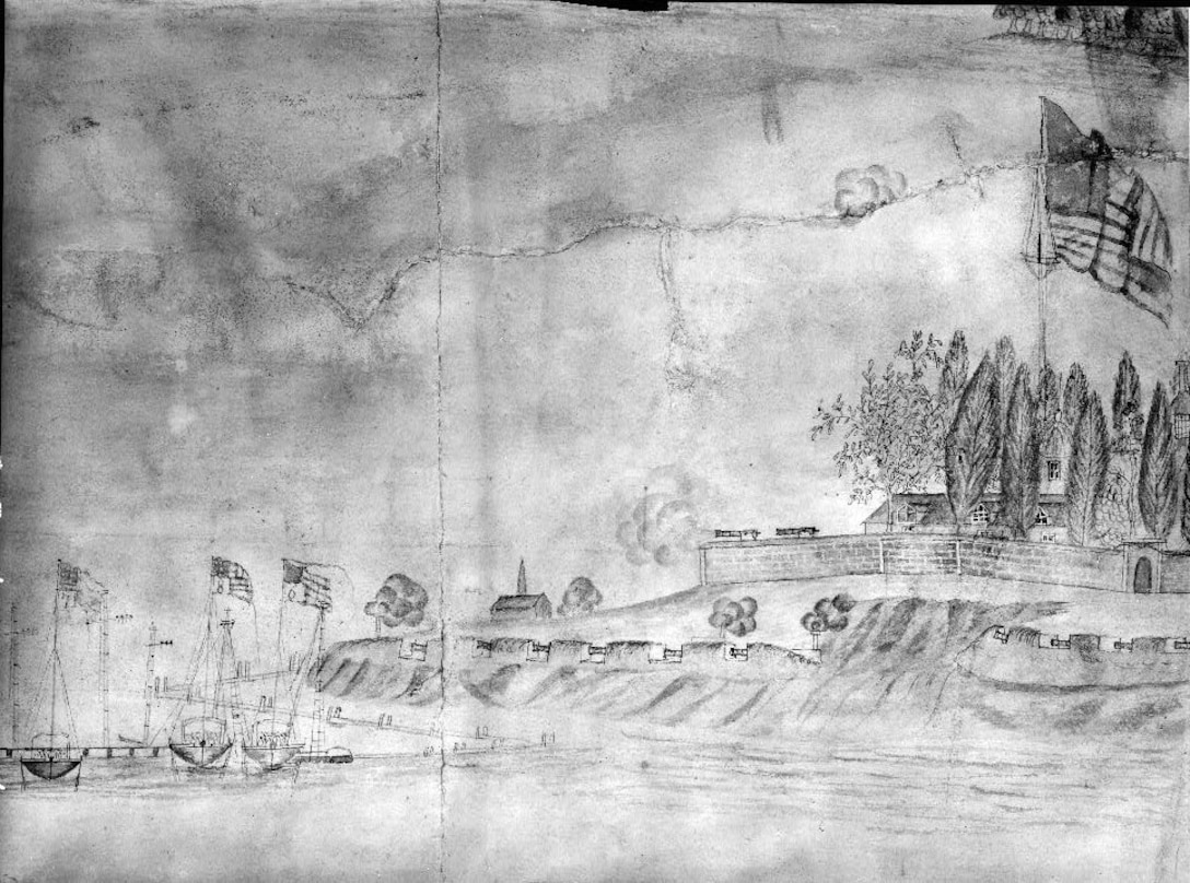 Historic American Buildings Survey. Portion of an anonymous watercolor painting of Fort McHenry bombardment of 1814. Peale Museum, Baltimore. View of southeast bastion and sally port. Fort McHenry National Monument and Historic Shrine.