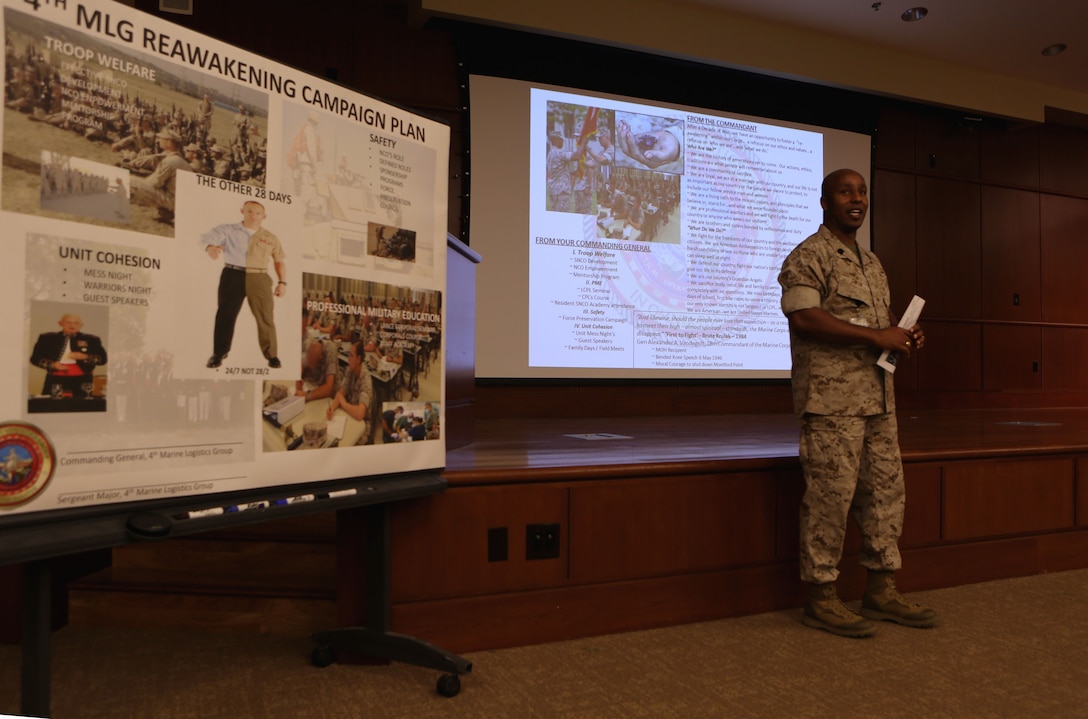 Sgt. Maj. Gary Smith, sergeant major of 4th Marine Logistics Group, delivers a brief to the Marines and spouses of 4th MLG on the Reawakening Campaign, as part of the Commander’s Conference at the Marine Corps Support Facility, New Orleans, Sep. 6-7, 2014. The campaign focused on making sure Reserve Marines understand the importance of being Marines 24/7 not just two days out of the month. The briefs also focused on 4th MLG’s upcoming training, what is expected in the upcoming year and how family readiness and spousal involvement is imperative to the unit’s success. 