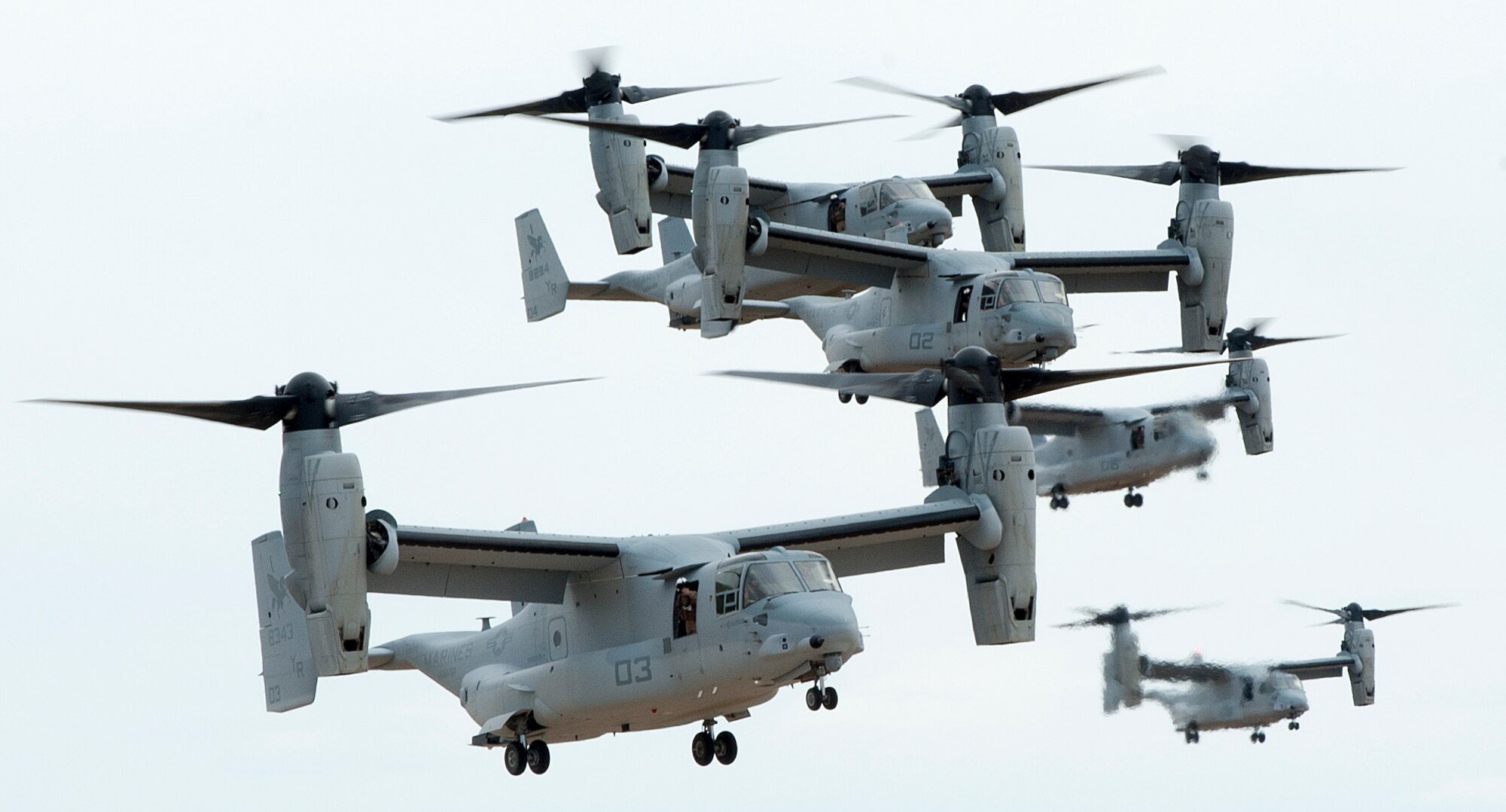 MV-22B Ospreys from the Marine Medium Tiltrotor Squadron 161, 3rd Marine Aircraft Wing, based out of Miramar, Calif., land at Saylor Creek Range near Mountain Home Air Force Base, Idaho, Sept 9, 2014. The Air Force, Navy and Marines are participating in a joint training exercise to hone total force integration capabilities. (U.S. Air Force photo by Tech. Sgt. JT May III/RELEASED)
