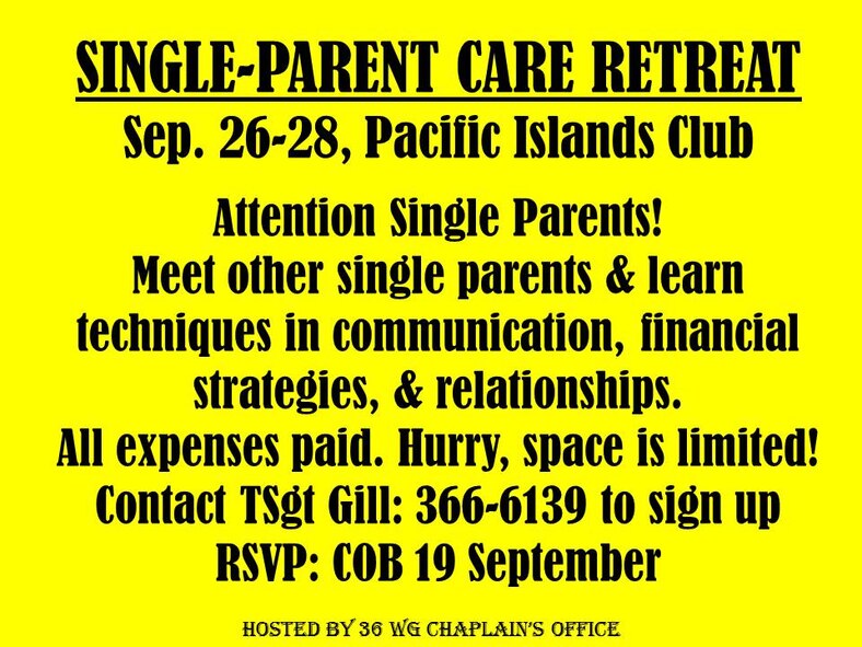 Attention Single Parents! Would you like a weekend getaway, all expenses (room, meals, childcare) paid? Would you like to learn valuable tools on: how to connect and communicate with your child, financial strategies, and relationships? Would you like to have time to meet and connect with other Single Parents while your children are enjoying the PIC? The time is now! Hurry, space is limited! 
