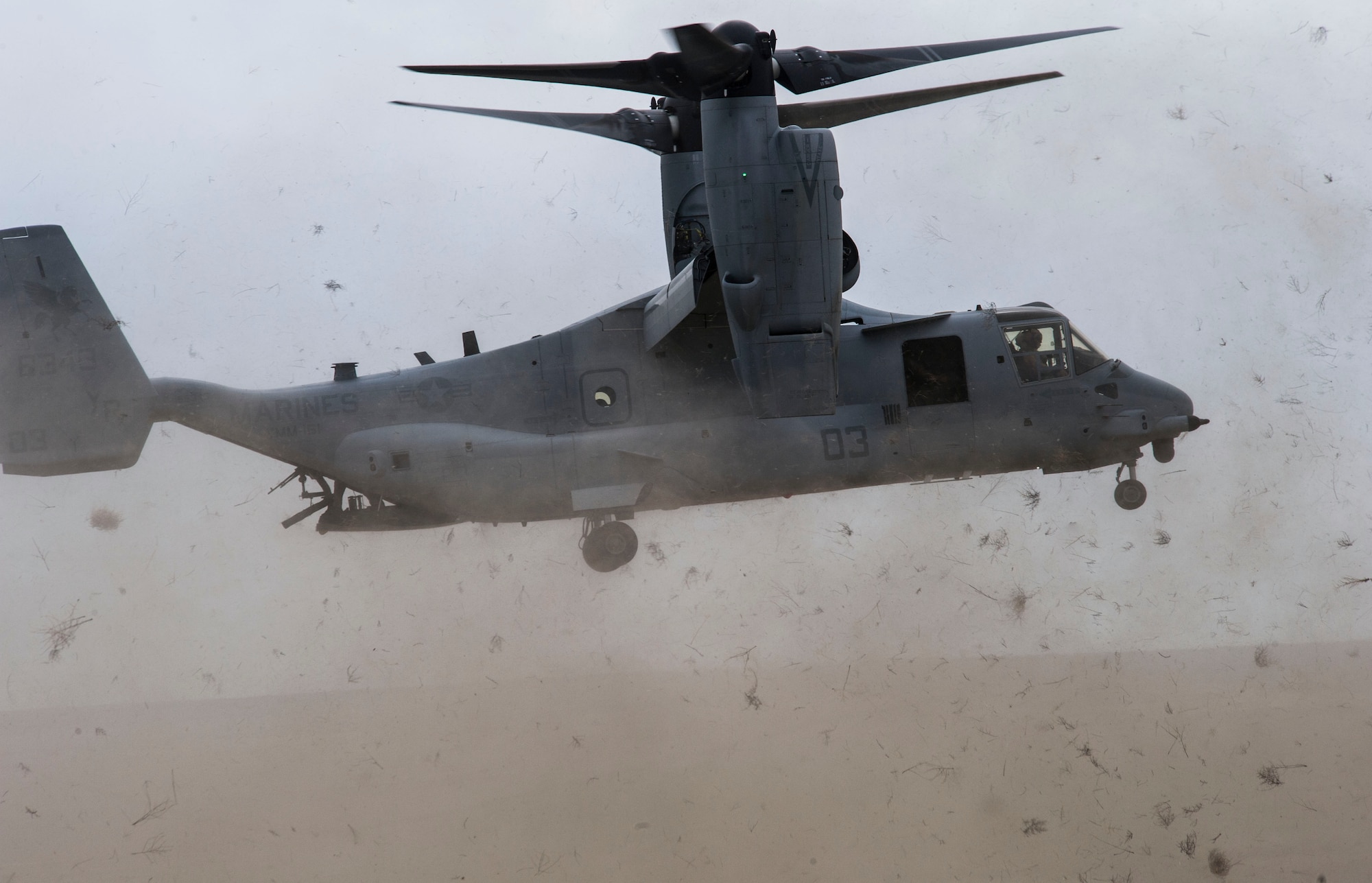 A MV-22B Osprey lands at the Saylor Creek Range Complex, Idaho, Sept. 8, 2014. Members of the 3rd Marine Aircraft Wing, VMM-161 based out of Miramar, Calif., performed a combat training exercise that included calling in air support and other aerial maneuvers. (U.S. Air Force photo by Airman 1st Class Jeremy L. Mosier/Released)