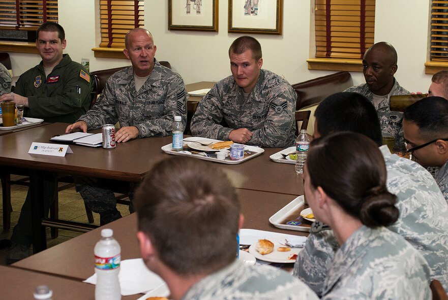 U.S. Air Force Chief Master Sgt. Robert Rodewald, 18th Air Force command chief, joins enlisted superior performers from the 317th Airlift Group for breakfast Aug. 27, 2014, at Dyess Air Force Base, Texas. During the breakfast, Rodewald answered questions from the Airmen about various topics related to the Air Force. (U.S. Air Force photo by Senior Airman Peter Thompson/Released)