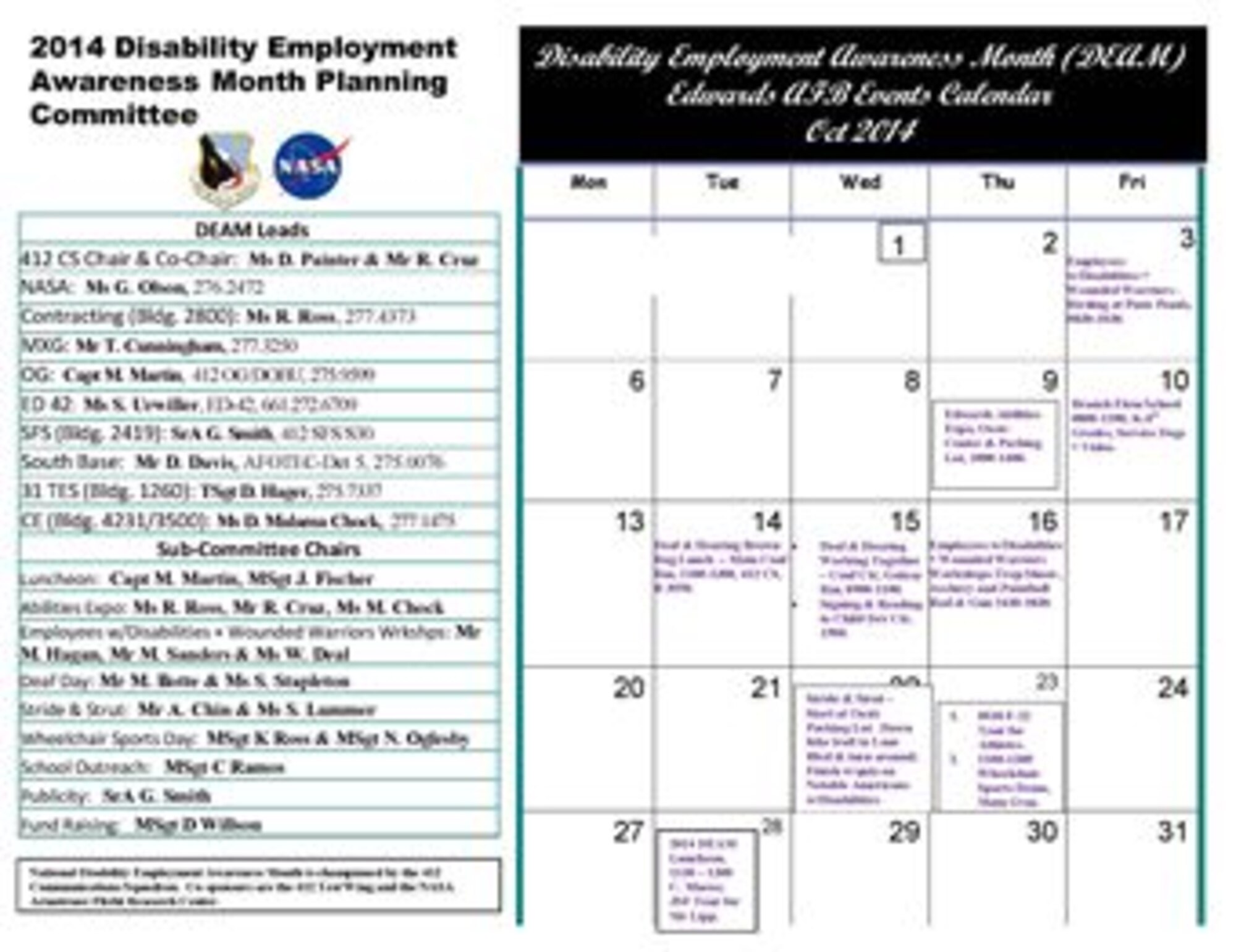 Calendar of Disability Employment Awareness Month events at Edwards AFB. (U.S. Air Force graphic)