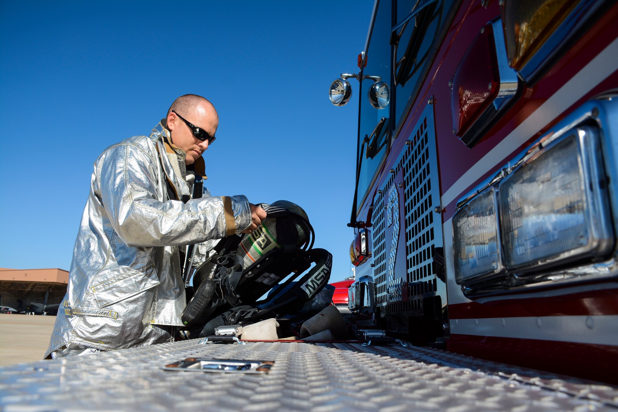 Firefighters from the 507th ARW Civil Engineer Squadron perform fire training aboard a KC-135R Stratotanker during a super unit training assembly September 5.  The CES fire flight performs these super UTAs once a quarter in order to perform training scenarios that cannot be performed during normal drill weekends.  (U.S. Air Force photos/Senior Airman Mark Hybers) 