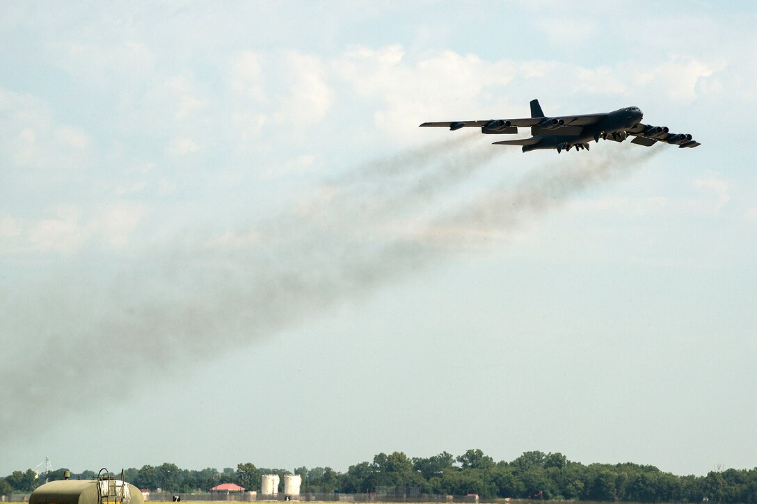 A 307th Bomb Wing B-52H Stratofortress takes off for a mission on Aug. 28, 2014, Barksdale Air Force Base, La. On board the aircraft is Col. William Lyons, Assistant Vice Commander and the Director of Staff for 10th Air Force, who visited the 307th BW and flew his first flight in a B-52. (U.S. Air Force photo by Master Sgt. Greg Steele/Released)
