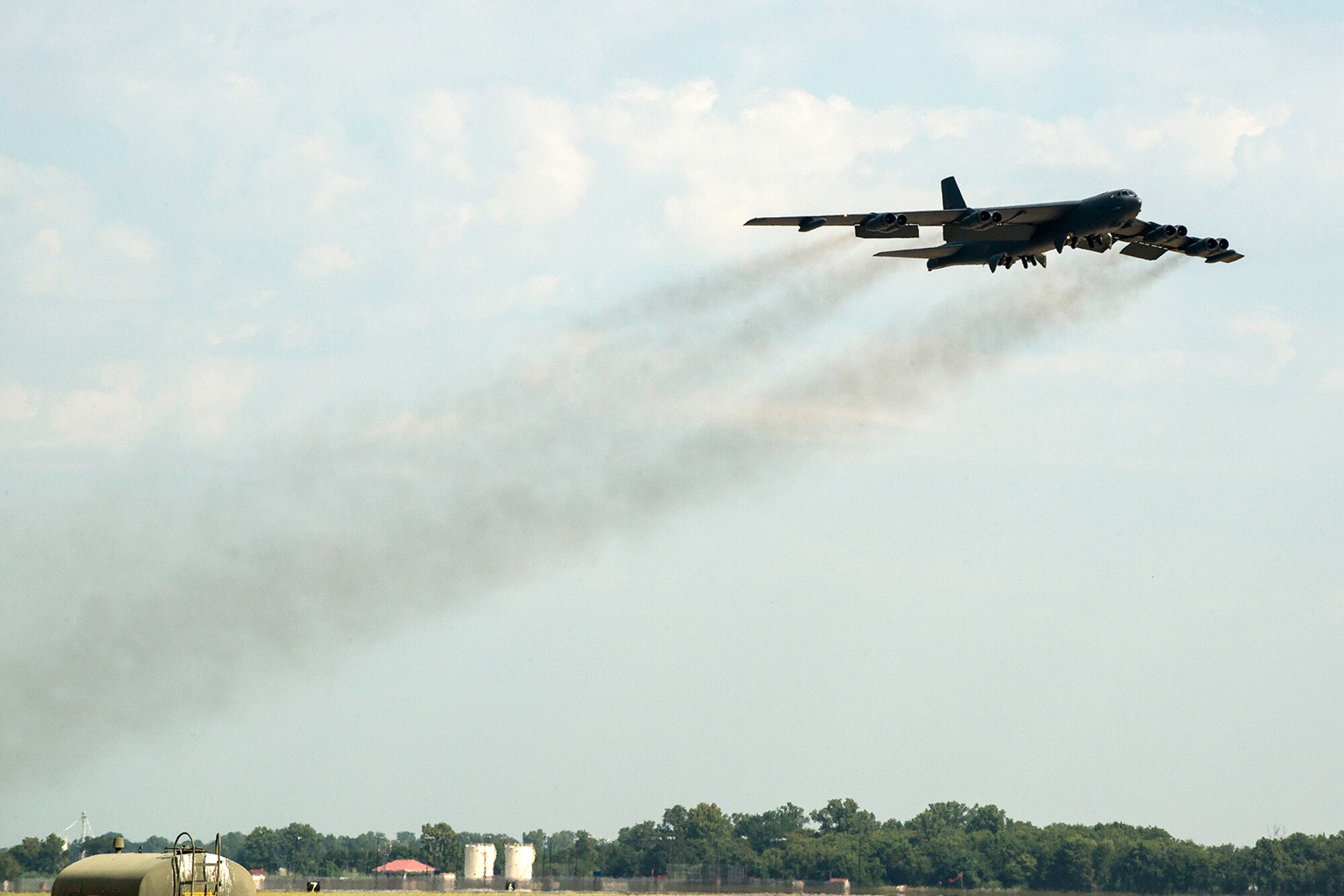 A 307th Bomb Wing B-52H Stratofortress takes off for a mission on Aug. 28, 2014, Barksdale Air Force Base, La. On board the aircraft is Col. William Lyons, Assistant Vice Commander and the Director of Staff for 10th Air Force, who visited the 307th BW and flew his first flight in a B-52. (U.S. Air Force photo by Master Sgt. Greg Steele/Released)