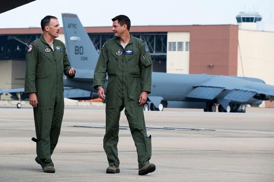 U.S. Air Force Col. William Lyons (left) talks with Lt. Col. John Booker prior to a flight on a 307th Bomb Wing B-52H Stratofortress, Aug. 28, 2014, Barksdale Air Force Base, La. Lyons is the Assistant Vice Commander and the Director of Staff, 10th Air Force, Naval Air Station Fort Worth Joint Reserve Base, Texas. (U.S. Air Force photo by Master Sgt. Greg Steele/Released)