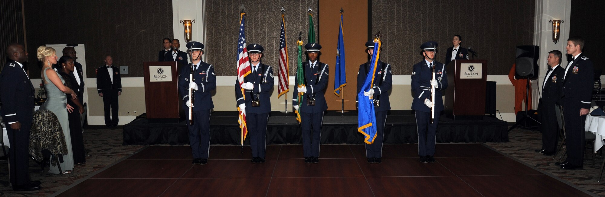 The Fairchild Honor Guard posts the colors during the Air Force Ball at the Red Lion Hotel in Spokane, Washington, Sept. 6, 2014. The ball was held to celebrate the 67th anniversary of the Air Force and 72nd anniversary of the 92nd Bomb Group. (U.S. Air Force photo by Staff Sgt. Samantha Krolikowski/Released)