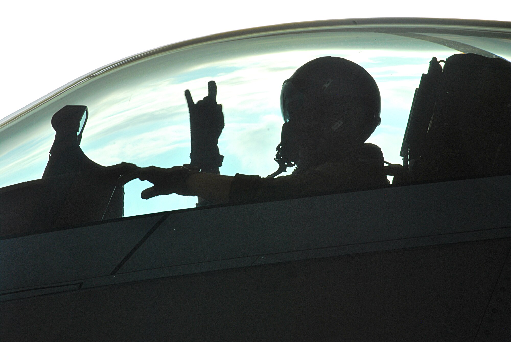 First Lt. Brenden Torphy, 95th Fighter Squadron pilot, communicates with his 
crew chief via hand signals before departing for a flying mission Sept. 8 at Tyndall. (U.S. Air Force photo by 2nd Lt. Christopher Bowyer-Meeder)