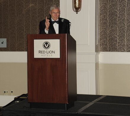 Air Force Ball guest speaker, Capt. (Ret) Richard Taylor, the first boom operator, talks during the celebration to commemorate the 67th anniversary of the Air Force at the Red Lion Hotel in Spokane, Washington, Sept. 6, 2014. The ball is an annual Air Force-wide tradition to celebrate the heritage and history of the Air Force. (U.S. Air Force photo by Staff Sgt. Samantha Krolikowski/Released)