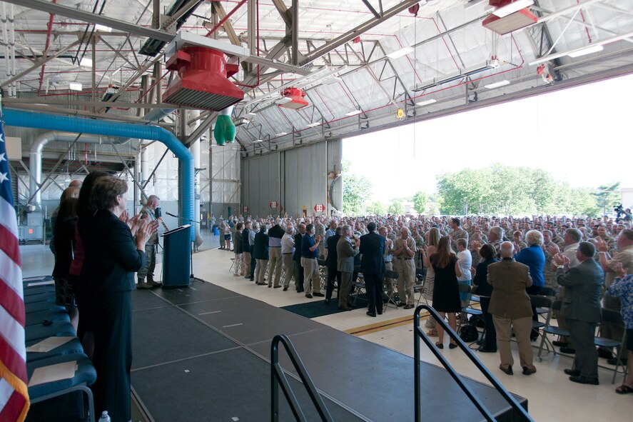 New Hampshire congressional delegates, leadership and former members of the 157th Air Refueling Wing applaud the hard work and professionalism of the airmen of the wing during a KC-46A selection celebration, Pease Air National Guard Base, N.H., Sept. 7, 2014. Pease was selected as the preferred alternative in May 2013 and announed as the main operating base Aug. 8 after the Air Force completed the environmental analysis required by the National Environmental Protection Act to provide further information concerning the basing process. (Air National Guard photo by Tech. Sgt. Aaron Vezeau/Released)