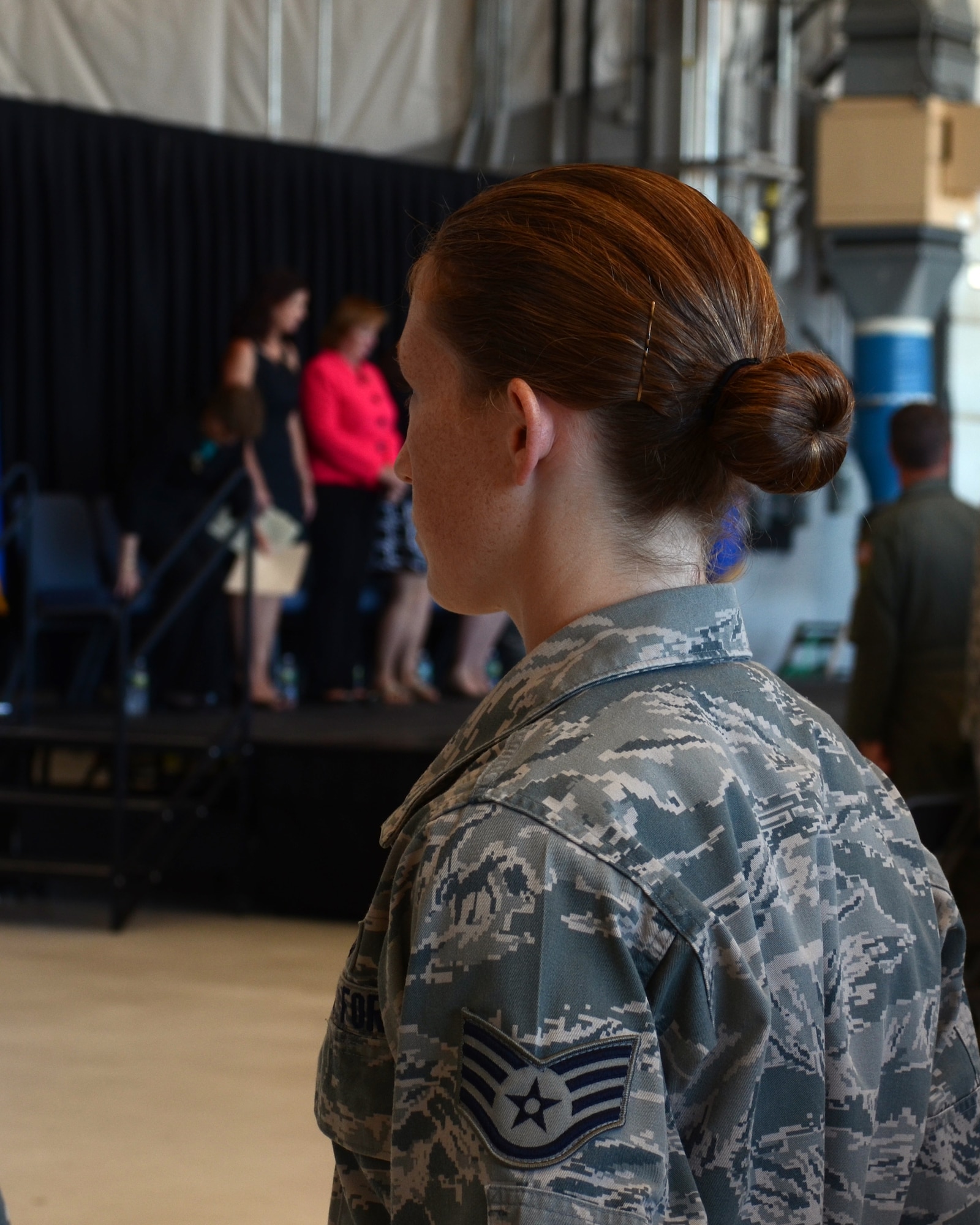 Staff Sgt. Beverly R. Cole stands at attention during the KC-46 selection celebration, Pease Air National Guard Base, N.H. Sept. 7, 2014. During the celebration, Pease was recognized for their selection as the main operating base Aug. 8. (U.S. Air National Guard photo by Staff Sgt. Curtis J. Lenz)