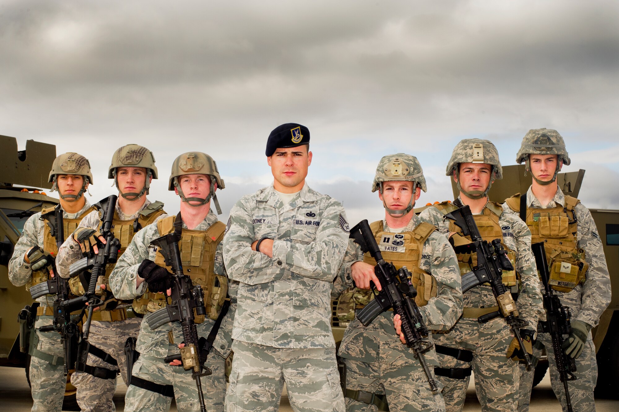 Members of the 91st Security Forces Group Global Strike Challenge team pose for a photo on Minot Air Force Base, N.D., Sept. 4, 2014. In conjunction with the Air National Guard, Minot Air Force Base is sending a joint team of defenders to represent the missile wing. (U.S. Air Force photo/Senior Airman Brittany Y. Bateman)