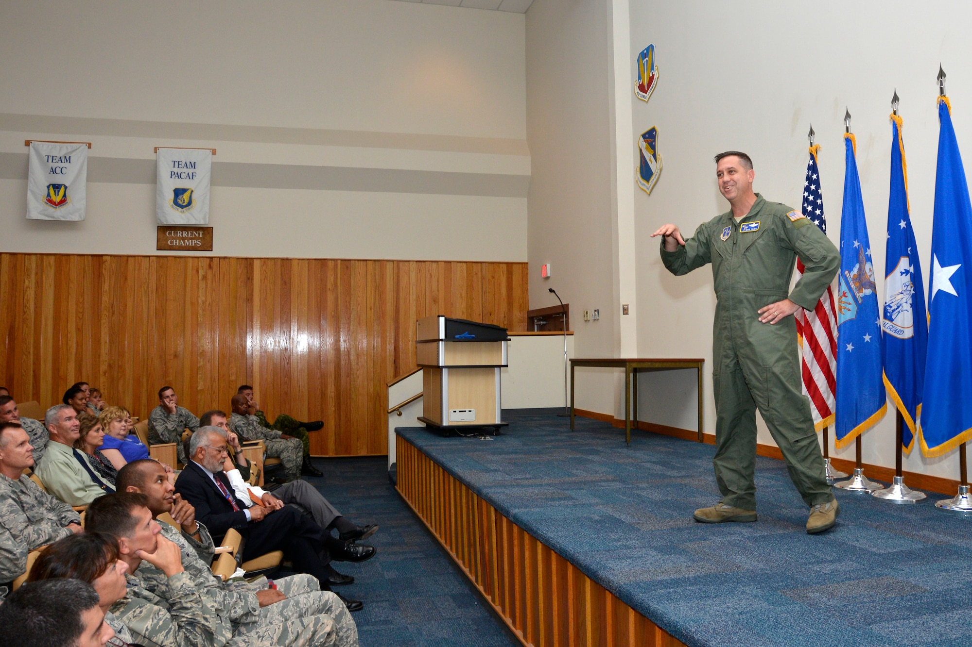 9/3/2014 – TYNDALL AIR FORCE BASE, Fla. – Brig. Gen. Michael Taheri, the Air National Guard Readiness Center commander, Joint Base Andrews, Maryland, briefs military members of Air Forces Northern about current and future administrative plans and opportunities within the Air National Guard Sept. 3. The ANGRC staff was here visiting AFNORTH to enhance working relationships between the two centers hosted by Lt. Gen. William Etter, commander, Continental U.S. North American Aerospace Defense Command Region - 1st Air Force, AFNORTH. (U.S. Photo by Master Sgt. Kurt Skoglund/Released)