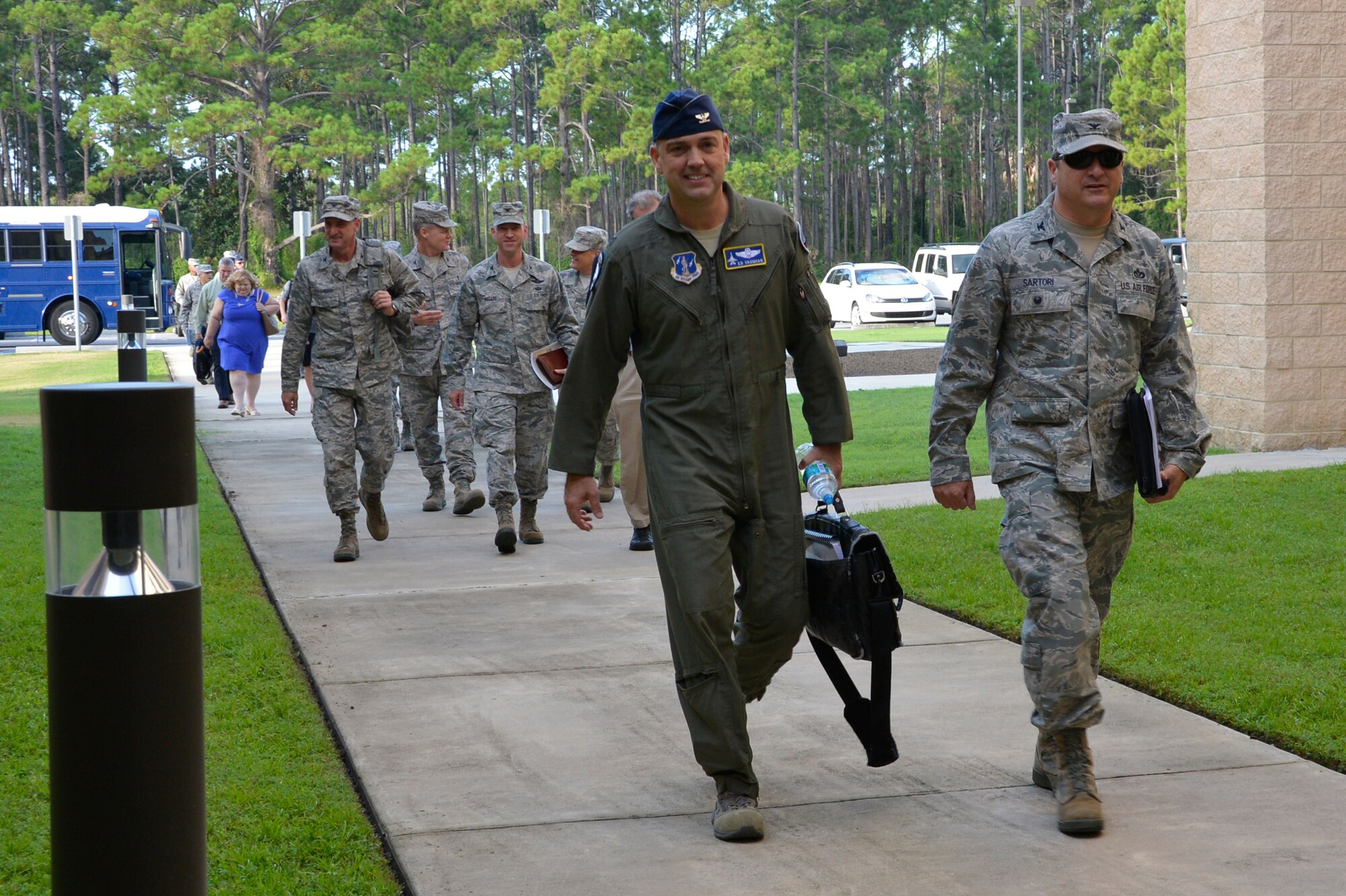 9/3/2014 – TYNDALL AIR FORCE BASE, Fla. – Col. Edward Vaughan, left, Air National Guard Readiness Center (ANGRC) director of safety, Joint Base Andrews, Maryland, and Col. Peter Sartori, right, ANGRC director of installations and mission support and civil engineering, arrive with staff members for a two-day visit at the Killey Center for Homeland Operations. Lt. Gen. William Etter, commander, Continental U.S. North American Aerospace Defense Command Region - 1st Air Force, Air Forces Northern, invited the ANGRC staff here to enhance working relationships between the two centers. (U.S. Photo by Master Sgt. Kurt Skoglund/Released)
