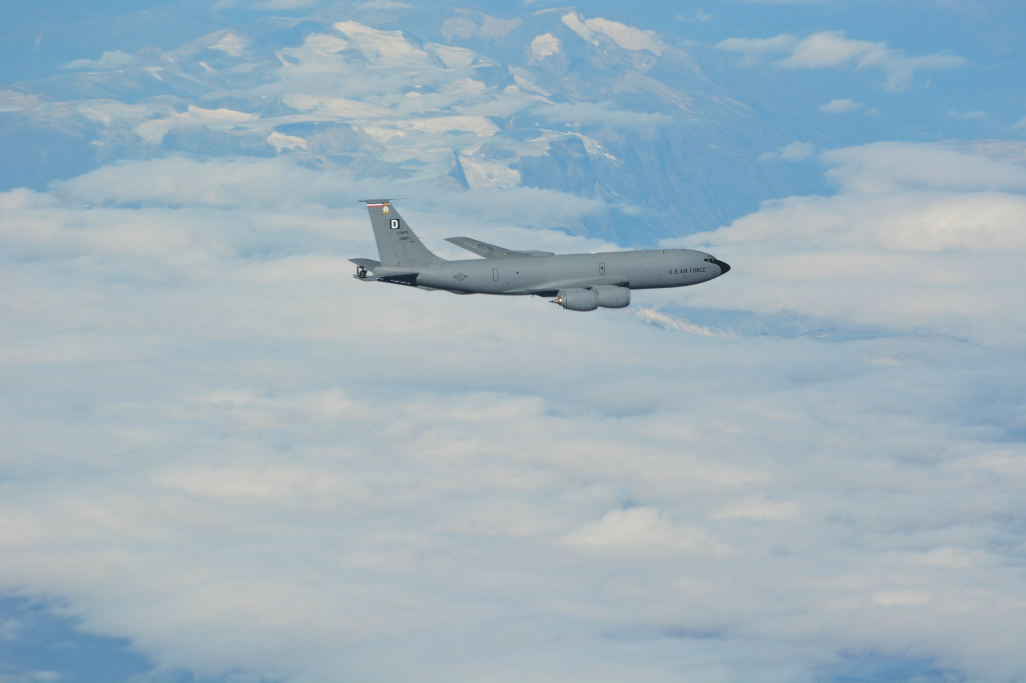 A KC-135 Stratotanker assigned to RAF Mildenhall, England, flies Sept. 5, 2014, over Norway as part of a four-ship training sortie. Four-ship sorties enable tankers to provide concentrated aerial refueling support for large forces during major operations. (U.S. Air Force photo/Senior Airman Micaiah Anthony/Released)  
