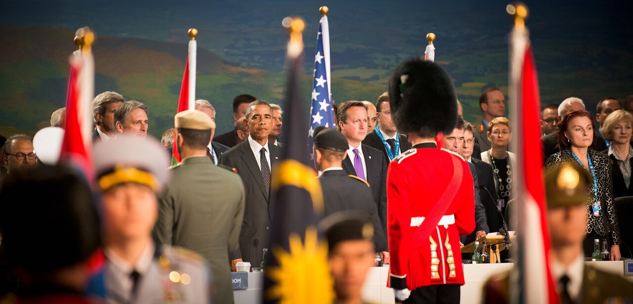 President Barack Obama attends the NATO Summit 2014 hosted by the United Kingdom in Wales, shown here Sept. 4 with U.K. Prime Minister David Cameron and other world leaders. Crown photo