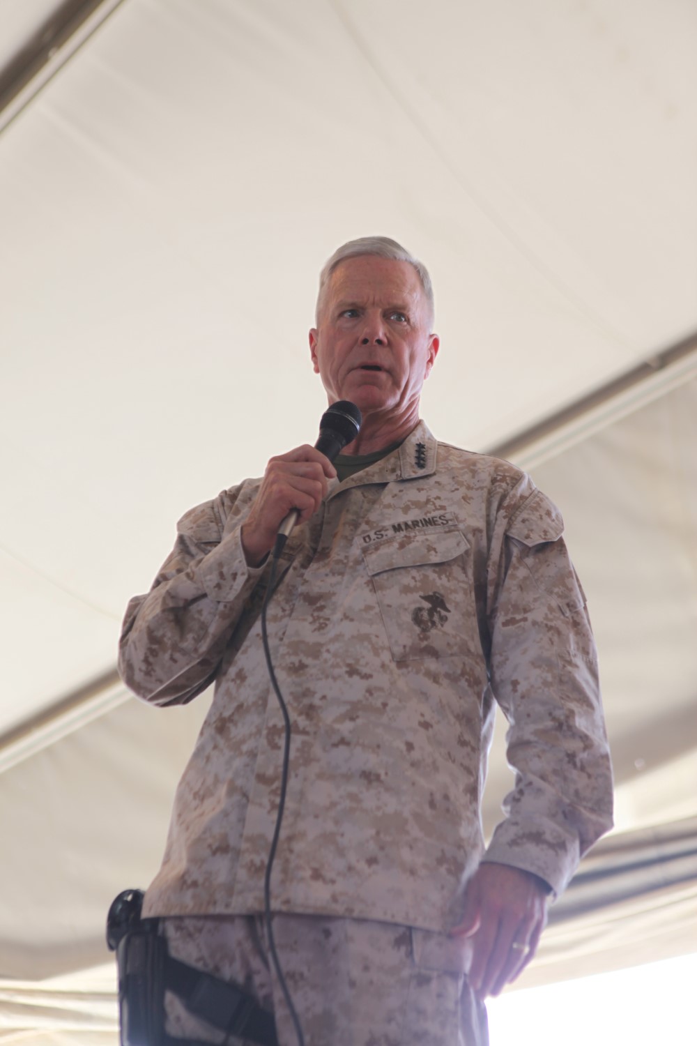 General James F. Amos, the 35th Commandant of the Marine Corps, speaks to Marines and sailors of Combat Logistics Battalion 1 aboard Camp Leatherneck, Afghanistan, Sept. 6, 2014. Gen. Amos and Sgt. Maj. of the Marine Corps Micheal Barrett, the 17th Sergeant Major of the Marine Corps, visited Marines and sailors serving with Marine Expeditionary Brigade – Afghanistan in Helmand province for the final time, thanking them for their service and sacrifice.