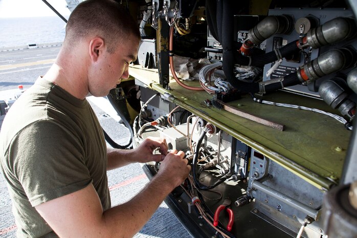 Lance Cpl. Kevin R. Packard, a flight mechanic with Marine Medium Tiltrotor Squadron 365 (Reinforced), 24th Marine Expeditionary Unit, and a Columbus, Ohio, native, works on a CH-53E Super Stallion during Amphibious Ready Group/Marine Expeditionary Unit Exercise aboard the USS Iwo Jima, at sea, Sept. 8, 2014. ARG/MEU-Ex is the third major predeployment exercise in preparation of the deployment at the end of the year.
