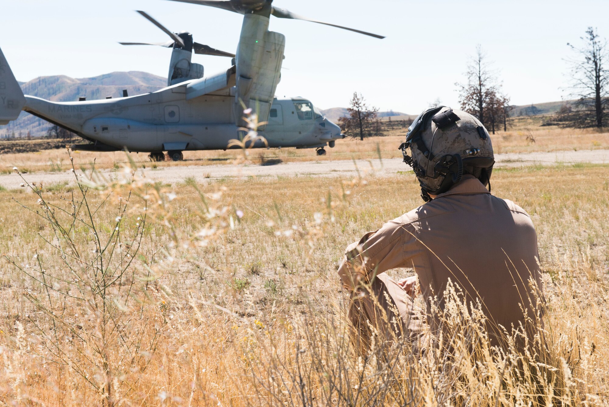 A MV-22B Osprey crew member watches as the aircraft prepares for take-off to practice maneuvers at Saylor Creek Range Complex, near Mountain Home Air Force Base, Idaho, Sept. 9, 2014. The crew members are based out of the Marine Medium Tiltroter Squadron 161, 3rd Marine Aircraft Wing at Miramar, Calif. (U.S. Air Force photo by Airman 1st Class Malissa Lott/RELEASED)