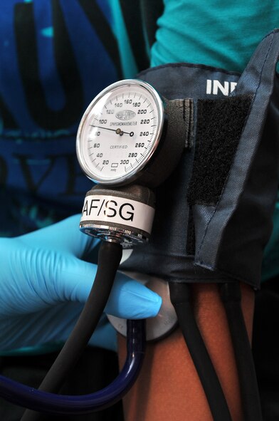 Aanchal Shrestha, a local general medicine intern, checks a patient’s blood pressure at a health services outreach site in Manahari, Nepal, Sept. 9, 2014, as part of Operation Pacific Angel-Nepal. PACANGEL helps cultivate common bonds and foster goodwill between the U.S., Nepal and regional nations by conducting multilateral humanitarian assistance and civil military operations. (U.S. Air Force photo by Staff Sgt. Melissa B. White/Released)