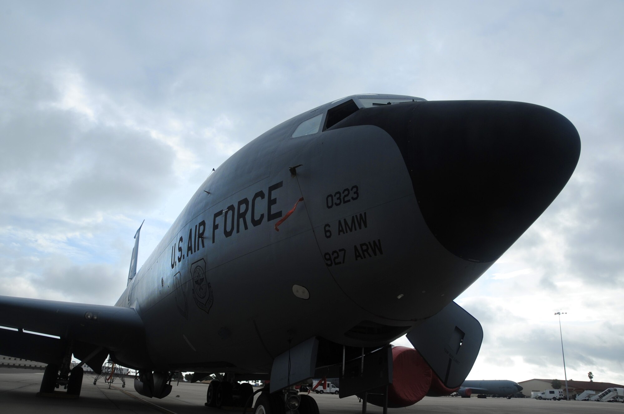 A KC-135 Stratotanker sits on the flightline prepared for periodic maintenance Sept. 6 at MacDIll AFB. The stratotanker supports in-flight air refueling, cargo and passenger airlift, aeromedical evacuation, and humanitarian operations around the world. (Air Force Photo / SSgt Adam C. Borgman)