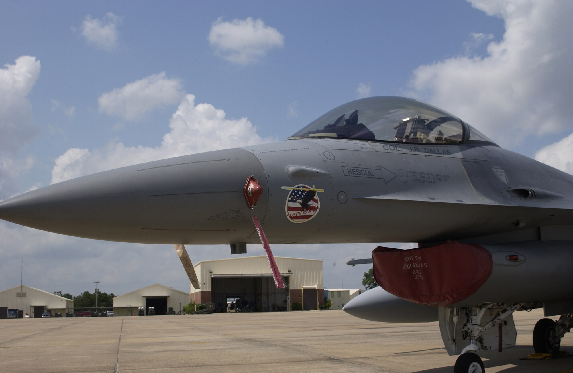 An F-16C Fighting Falcon (Tail No. 279) sits at the ready in the aftermath of Sept. 11, 2001, at Ebbing Air National Guard Base, Fort Smith, Arkansas. The 188th was called up to provide air sovereignty alert missions to keep the skies safe. This was tabbed as the unit's marque aircraft tagged Spirit of 9-11 "Let's Roll". (U.S. Air National Guard photo by retired Senior Master Sgt. Dennis L Brambl/Released)
