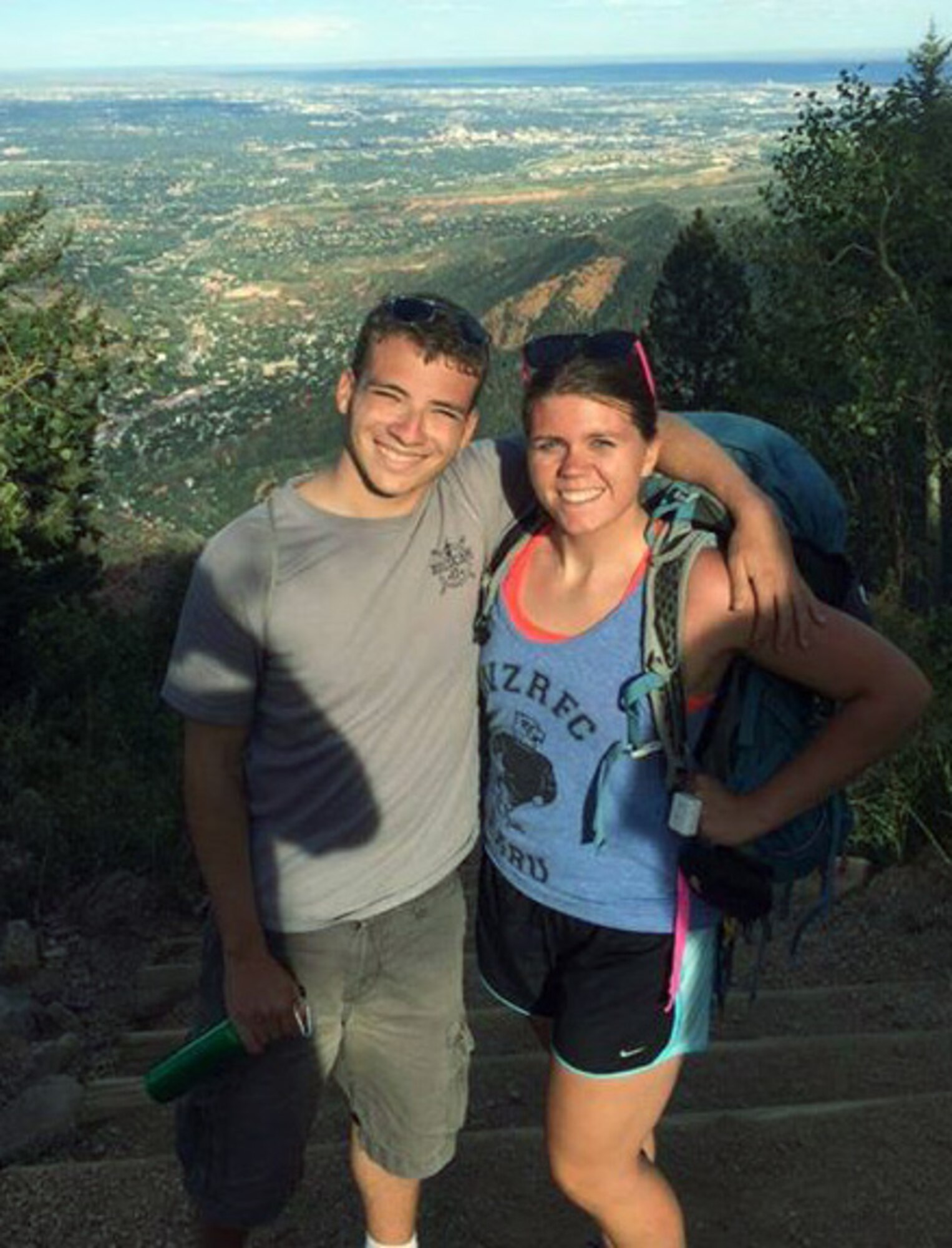 Cadets 3rd Class Patrick Casa and Brianna Ramey pose for a photo on the Manitou Incline Aug. 16, 2014. Shortly after taking this photo, the cadets responded to a medical emergency involving a teenager who injured his ankle and leg on the path. (courtesy photo/Cadet 3rd Class Patrick Casa)