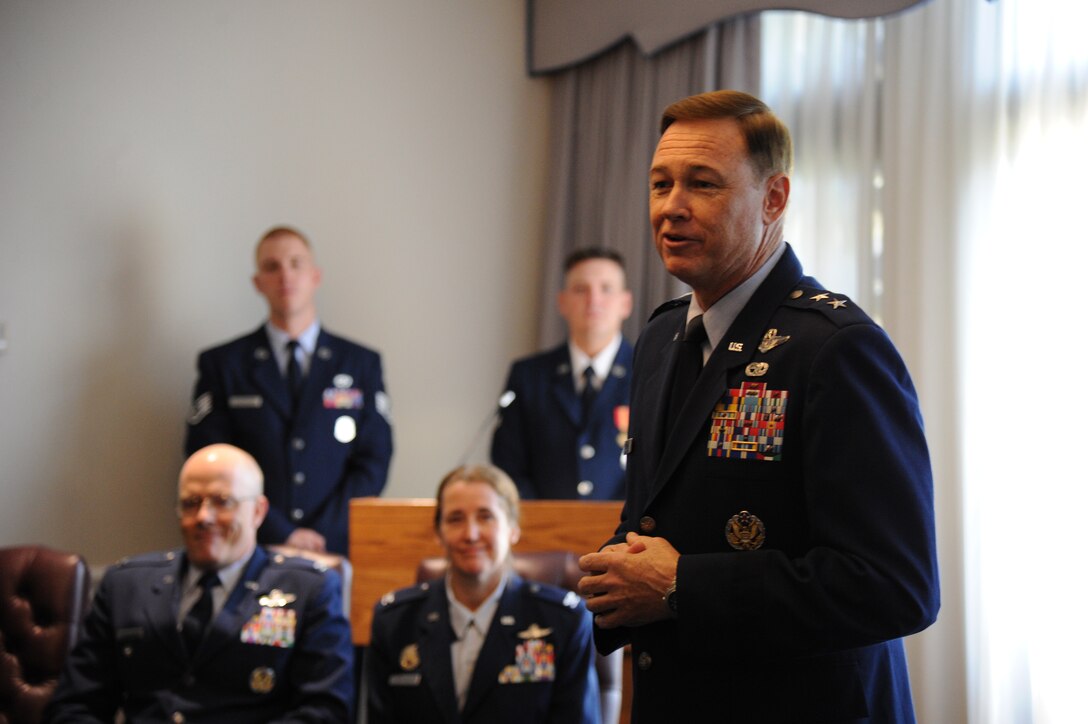 Air Force District of Washington Commander Maj. Gen. Darryl Burke speaks during the AFDW bi-monthly retirement ceremony at Joint Base Anacostia-Bolling, Washington, D.C., Aug. 26, 2014. The ceremony hosted by the AFDW commander or his designated representative, features the U.S. Air Force Band and Honor Guard and takes place every other month at JBAB. (U.S. Air Force photo/Master Sgt. Tammie Moore)