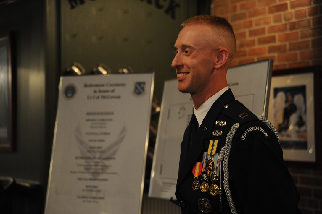 Capt. Alan Morford briefs the sequence of events before the Air Force District of Washington bi-monthly retirement ceremony at Joint Base Anacostia-Bolling, Washington, D.C., June 9, 2014. The ceremony, hosted by the AFDW commander or his designated representative features the U.S. Air Force Band and Honor Guard and is held every other month at JBAB. Morford is the U.S. Air Force Honor Guard Drill Team Flight commander. (U.S. Air Force photo/Master Sgt. Tammie Moore)