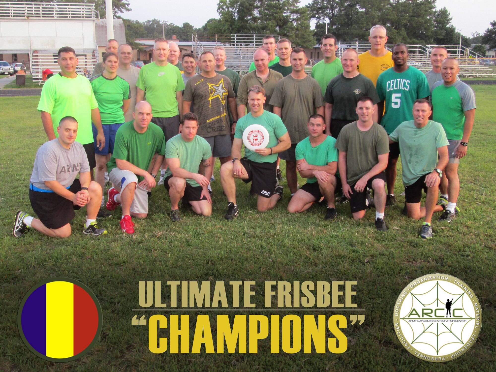 The U.S. Army Capabilities Integration Center’s Concept Development and Learning Directorate Ultimate Frisbee team took first place during a monthly physical training event at Fort Eustis, Va., Aug. 28, 2014. U.S. Army Command Sgt. Maj. Joe B. Parson, ARCIC command sergeant major, awarded the winning team a certificate of congratulations. (U.S. Air Force photo illustration by Senior Airman Aubrey White/Released)