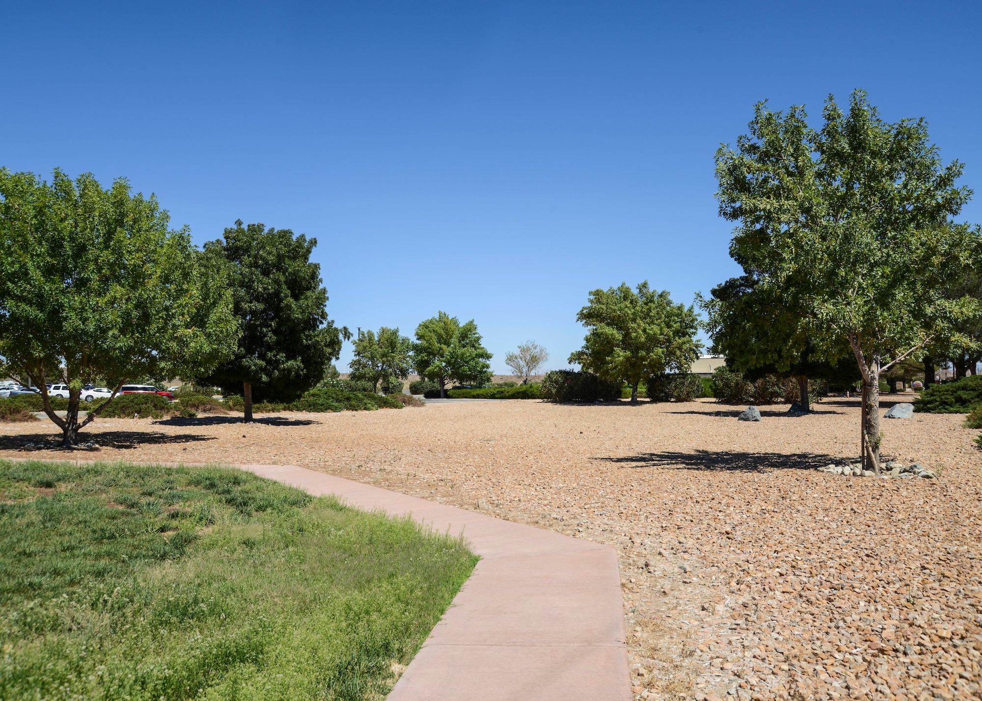 Desert landscaping, known as Xeriscaping, has been used since the early 2000s to reduce water consumption on base. The new Xeriscaping along Fitzgerald Blvd. is the result of a Xeriscaping plan that Brig. Gen. Michael Brewer, 412th Test Wing commander, signed into effect Nov. 2013. (U.S. Air Force photo by Rebecca Amber)