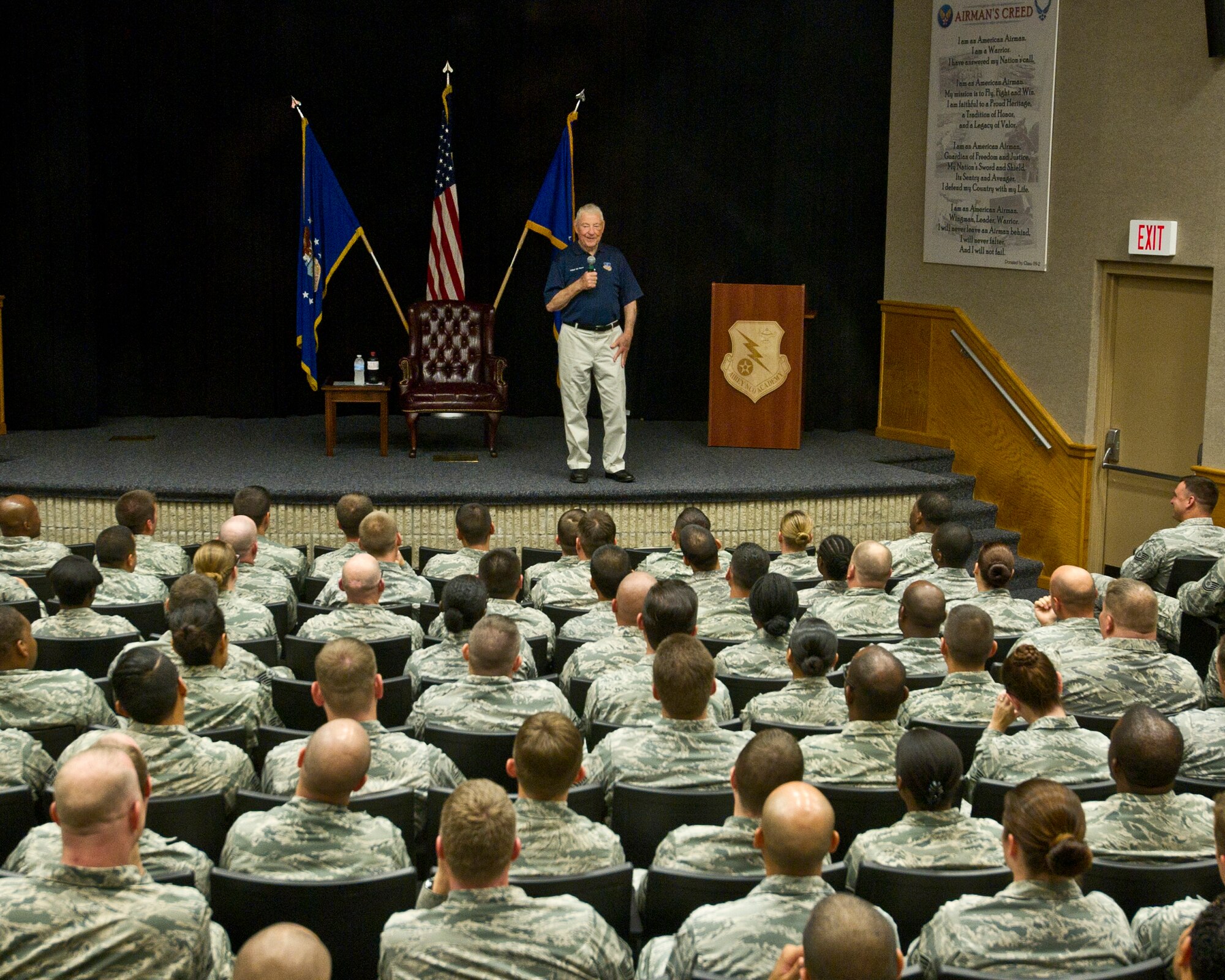 Retired Chief Master Sgt. of the Air Force number five Robert Gaylor speaks to students attending the NCO academy Sept 5. Gaylor shared stories of his time in the Air Force and core values he feels all Airmen should incorporate in to their military careers. (U.S. Air Force photo by Airman 1st Class Ty Lea)