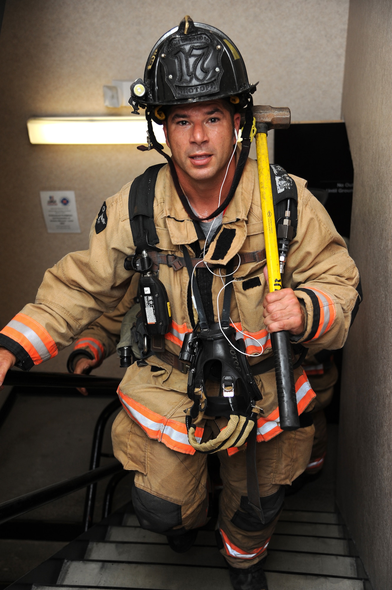 On September 7, 2014 firefighters and others gathered in Clayton, MO for a stair climb to honor fallen firefighters who gave their lives in the 9/11 attacks. Donations were gathered for the run and given towards the Fallen Firefighters Foundation, which not only helps support the families of the 9/11 survivors but also any fallen firefighter around the country with funeral costs, supporting their family and anything else they need. (U.S. Air Force photo/ Senior Airman Tristin English)