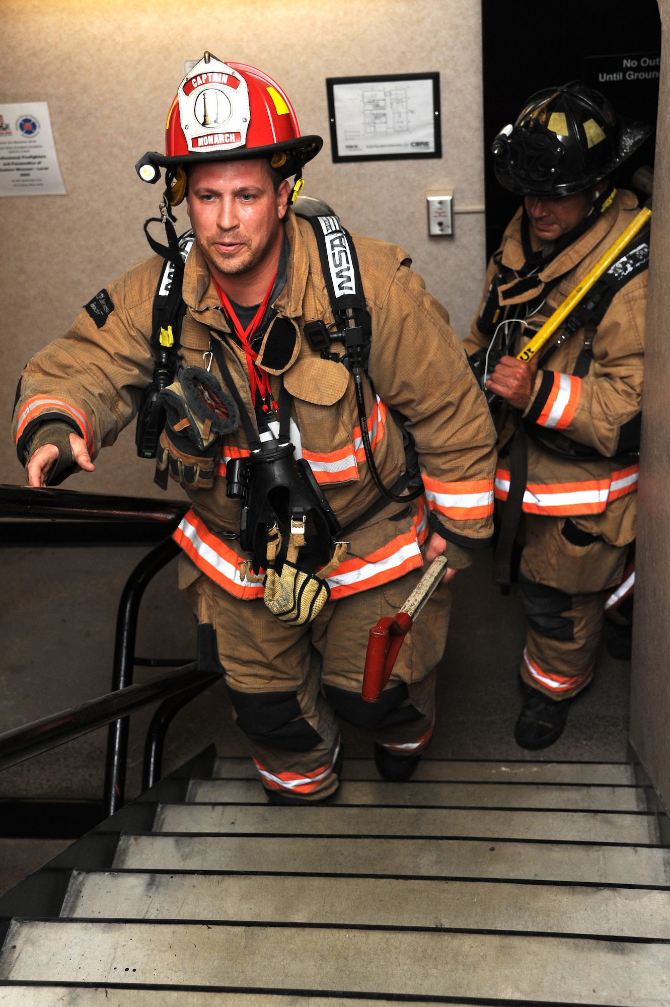 On September 7, 2014 firefighters and others gathered in Clayton, MO for a stair climb to honor fallen firefighters who gave their lives in the 9/11 attacks. Donations were gathered for the run and given towards the Fallen Firefighters Foundation, which not only helps support the families of the 9/11 survivors but also any fallen firefighter around the country with funeral costs, supporting their family and anything else they need. (U.S. Air Force photo/ Senior Airman Tristin English)