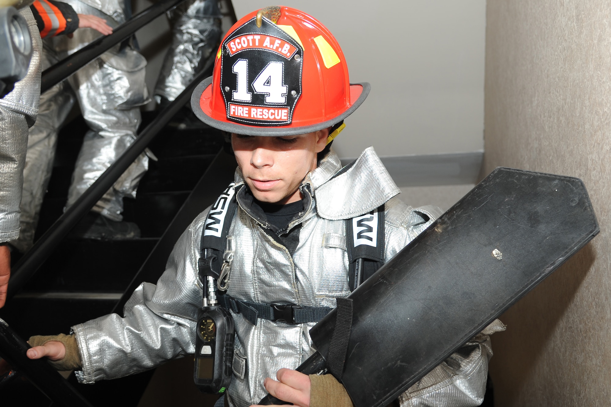 On September 7, 2014 firefighters and others gathered in Clayton, MO for a stair climb to honor fallen firefighters who gave their lives in the 9/11 attacks. Donations were gathered for the run and given towards the Fallen Firefighters Foundation, which not only helps support the families of the 9/11 survivors but also any fallen firefighter around the country with funeral costs, supporting their family and anything else they need. (U.S. Air Force photo/ Senior Airman Tristin English)