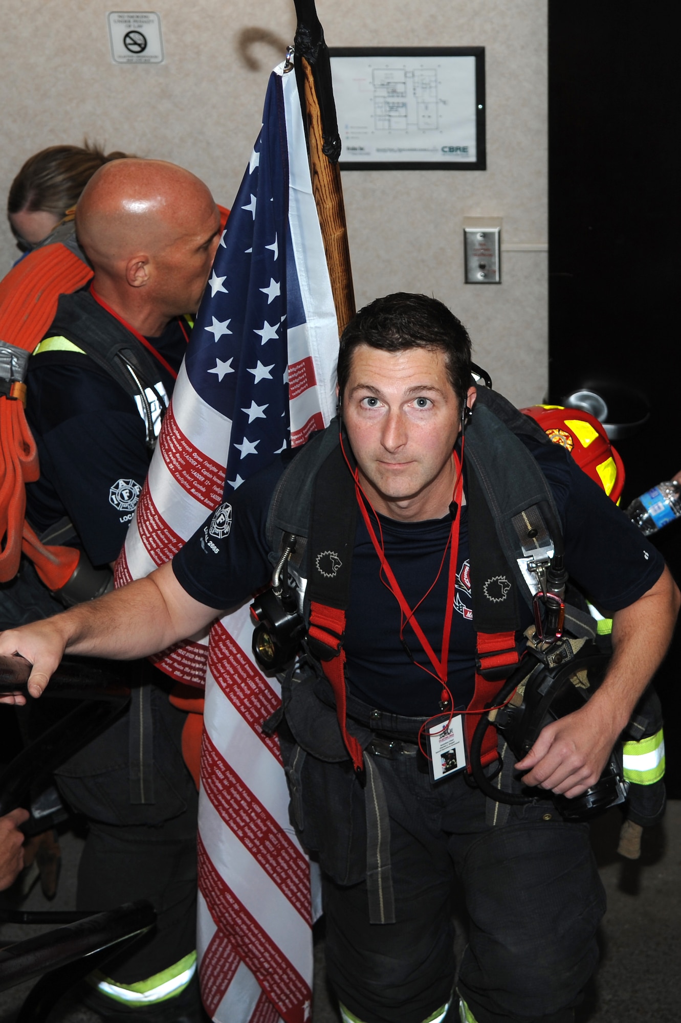 On September 7, 2014 firefighters and others gathered in Clayton, MO for a stair climb to honor fallen firefighters who gave their lives in the 9/11 attacks. Donations were gathered for the run and given towards the Fallen Firefighters Foundation, which not only helps support the families of the 9/11 survivors but also any fallen firefighter around the country with funeral costs, supporting their family and anything else they need. (U.S. Air Force photo/ Senior Airman Tristin English)