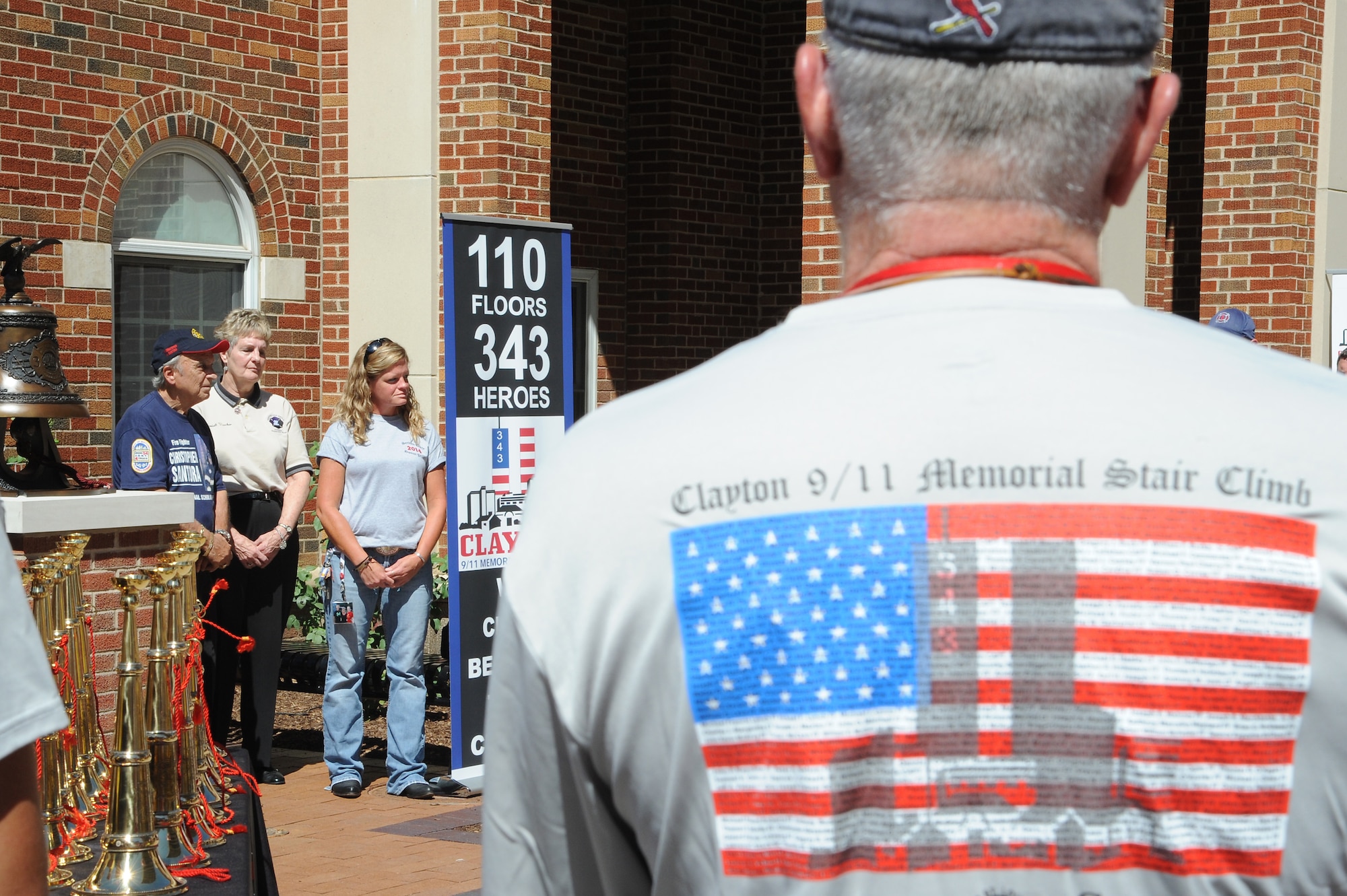 On September 7, 2014 firefighters and others gathered in Clayton, MO for a stair climb to honor fallen firefighters who gave their lives in the 9/11 attacks. Donations were gathered for the run and given towards the Fallen Firefighters Foundation, which not only helps support the families of the 9/11 survivors but also any fallen firefighter around the country with funeral costs, supporting their family and anything else they need. (U.S. Air Force photo/ Senior Airman Tristin English)