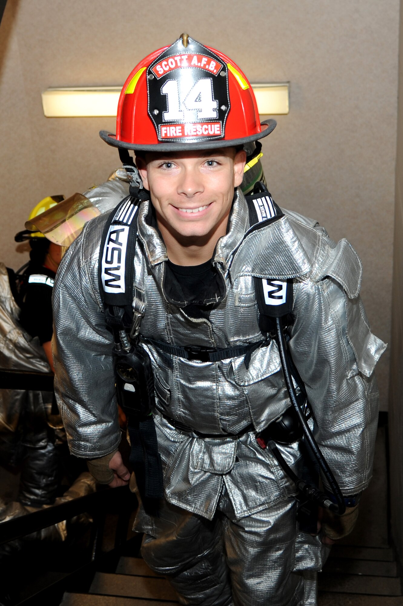 Staff Sgt. Randall Forsythe, a 375th Civil Engineer Squadron Firefighter, participated in a stair climb in Clayton, Mo., Sept. 7, 2014, to honor the fallen firefighters who gave their lives after the attacks on 9/11. Donations were gathered for the run and given toward the Fallen Firefighters Foundation, which not only helps support the families of the firefighters who lost their lives in 9/11, but also any fallen firefighter around the country with funeral costs, supporting their family and anything else they need. (U.S. Air Force photo/Senior Airman Tristin English)
